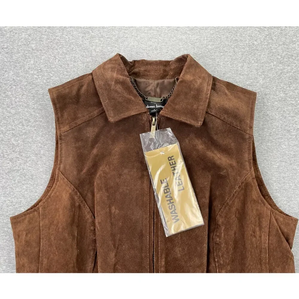 VTG 90s Dennis Basso Leather Vest Womens S Chocolate Brown Full Zip Suede Jacket